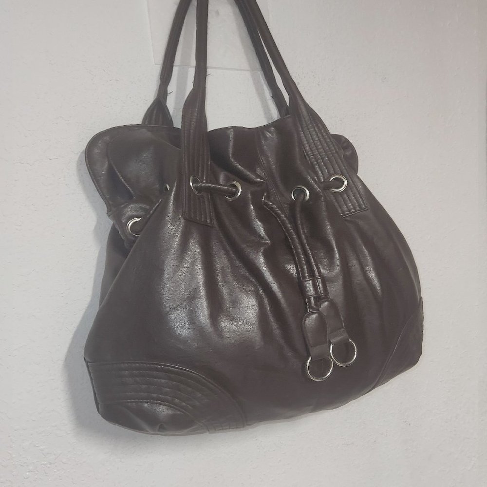 Purse. stylish Large shoulder bag, brown with gold hardware.